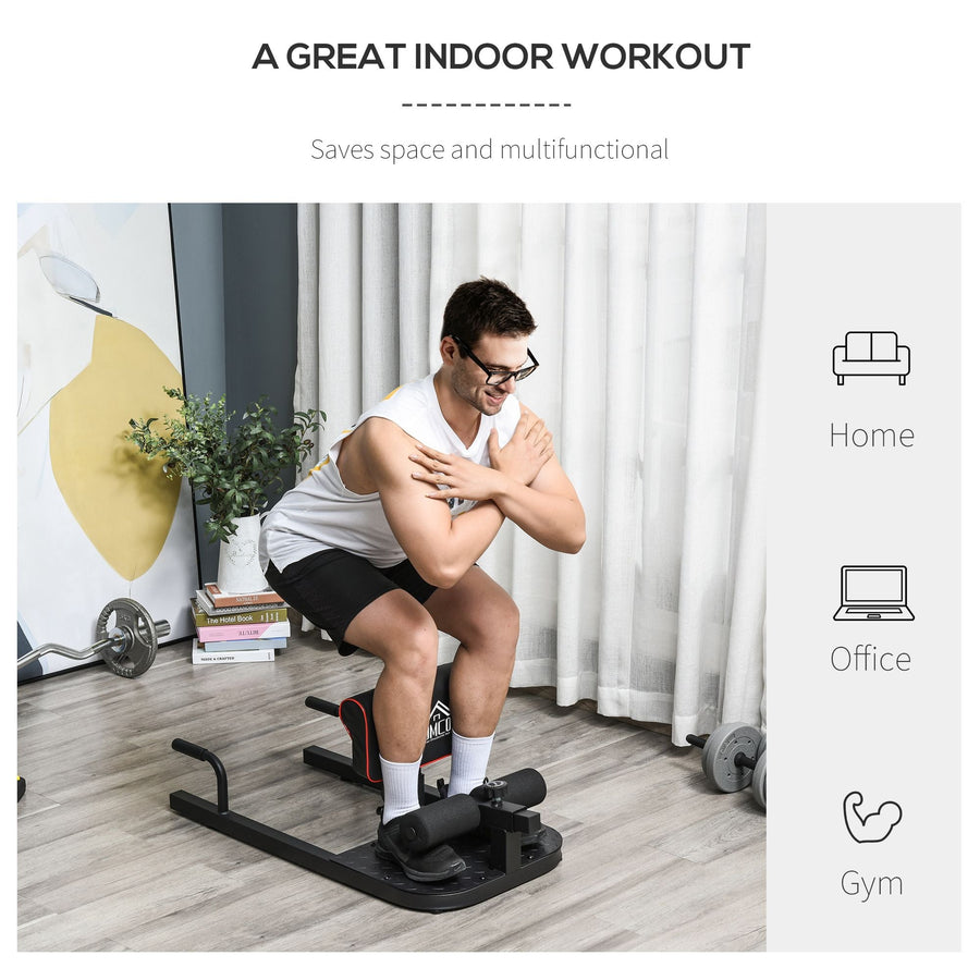 Black 3-in-1 padded push-up, sit-up, squat machine from Berry Charmz for home gym fitness workouts.