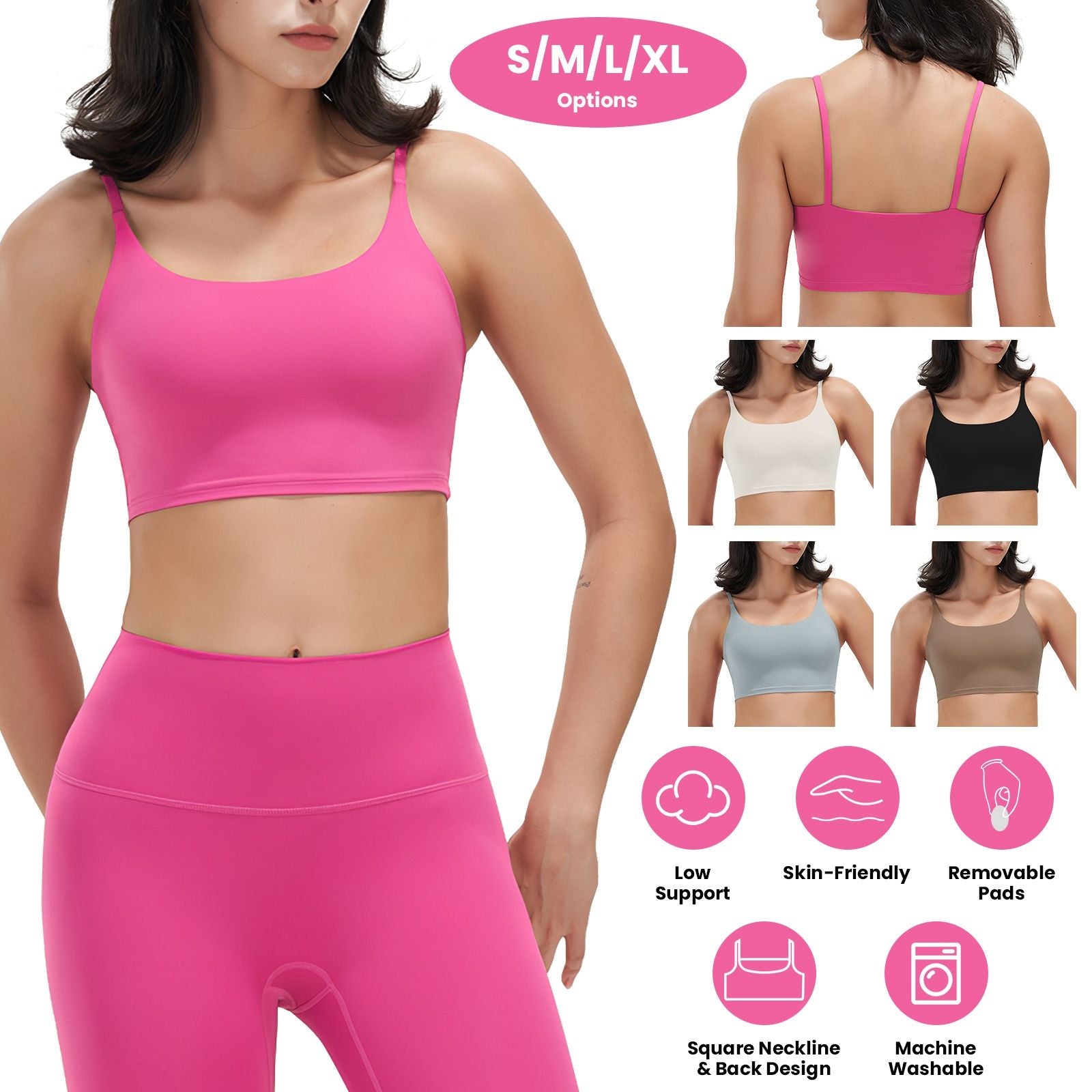 Berry Charmz women strap sport bras with padded, strappy design, square neck, low-impact fit, shown as a set of 1 or 3 in the image.