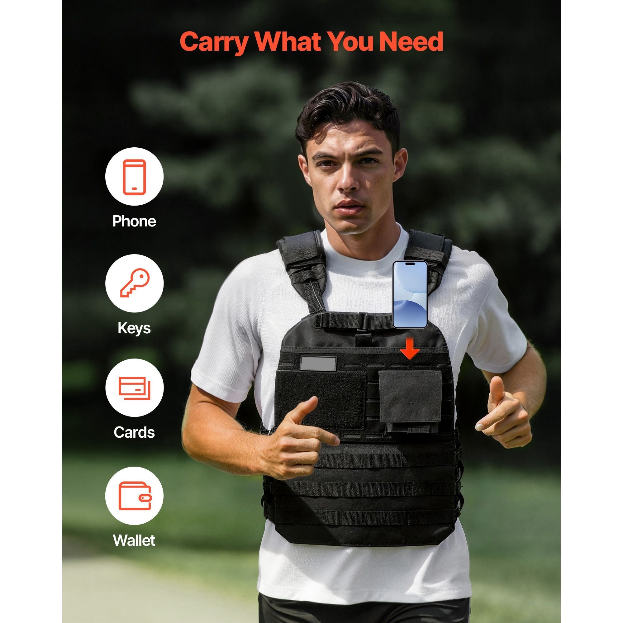 Weighted vest with shoulder pads and reflective stripe, used for strength training, running, and fitness by men and women.