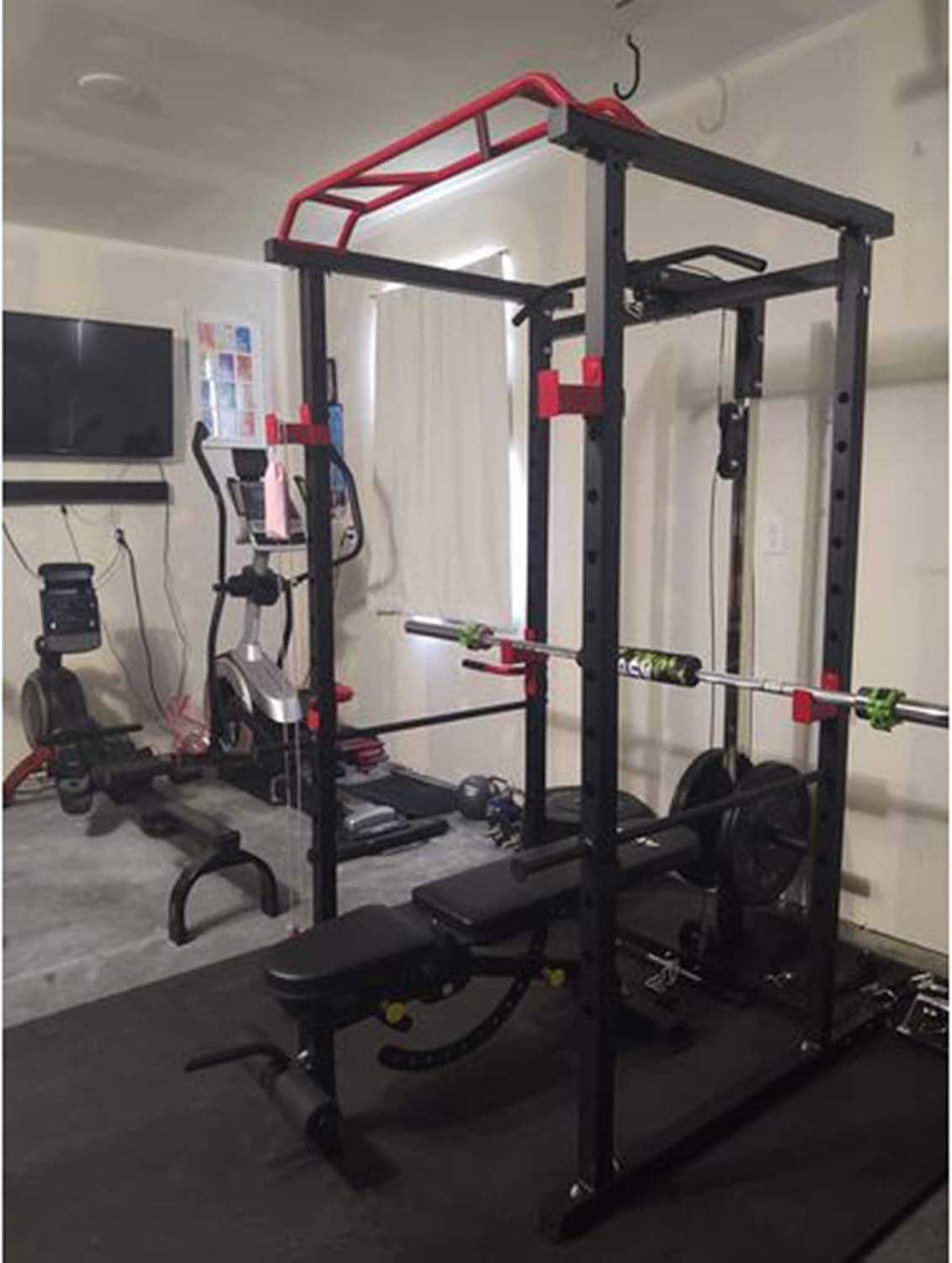 Berry Charmz multi-functional power cage with adjustable pull-up bar, squat rack, and barbell support for home fitness workouts.