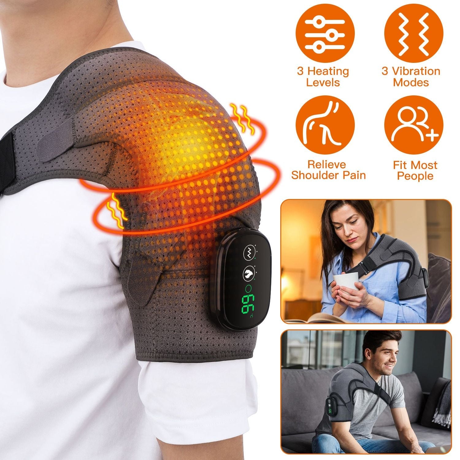 Berry Charmz rechargeable cordless heated shoulder wrap with support, showing adjustable straps and control panel for heating and vibration modes.