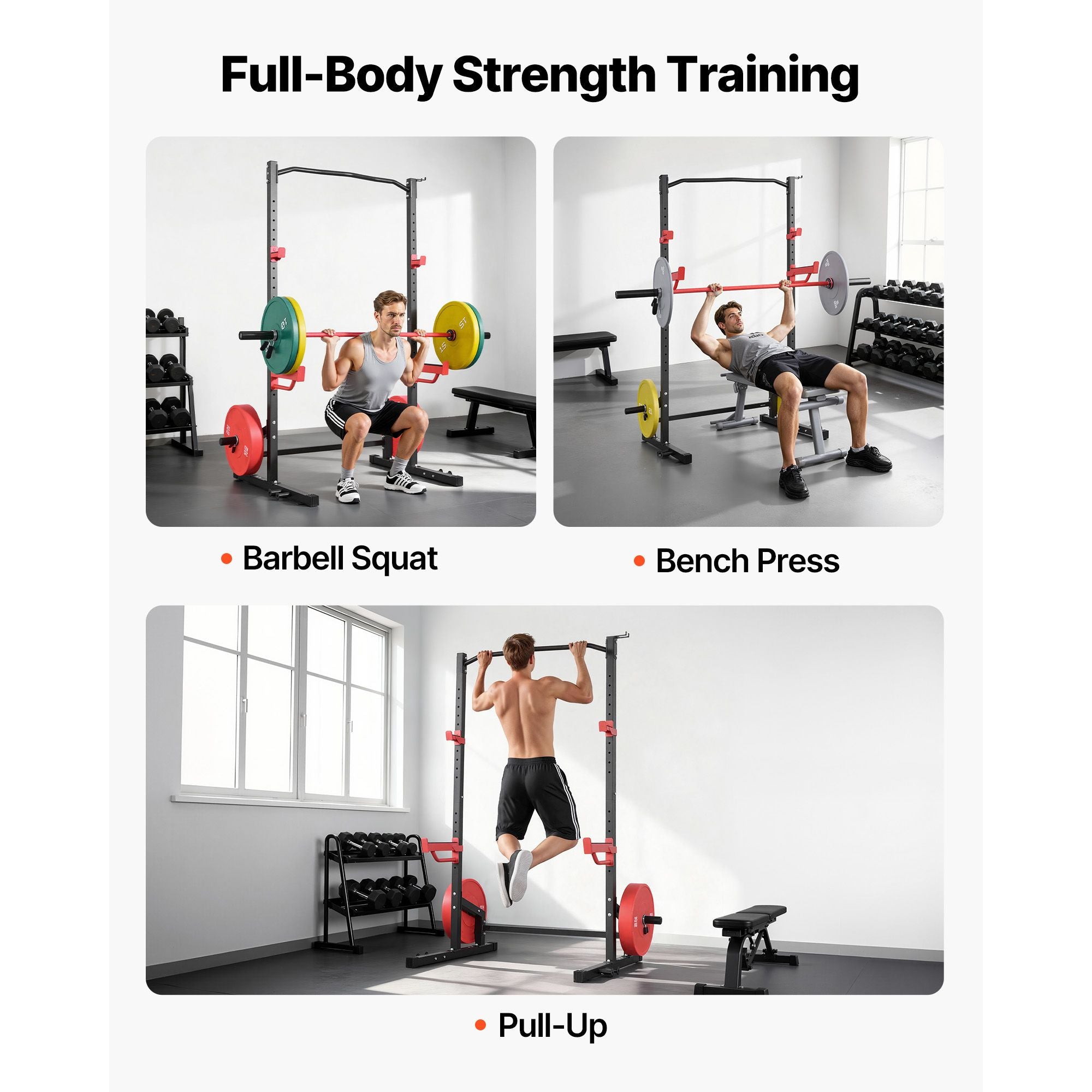 Berry Charmz Power Cage Squat Rack with J-Hooks, safety bars, and band pegs for home gym strength training and barbell workouts.