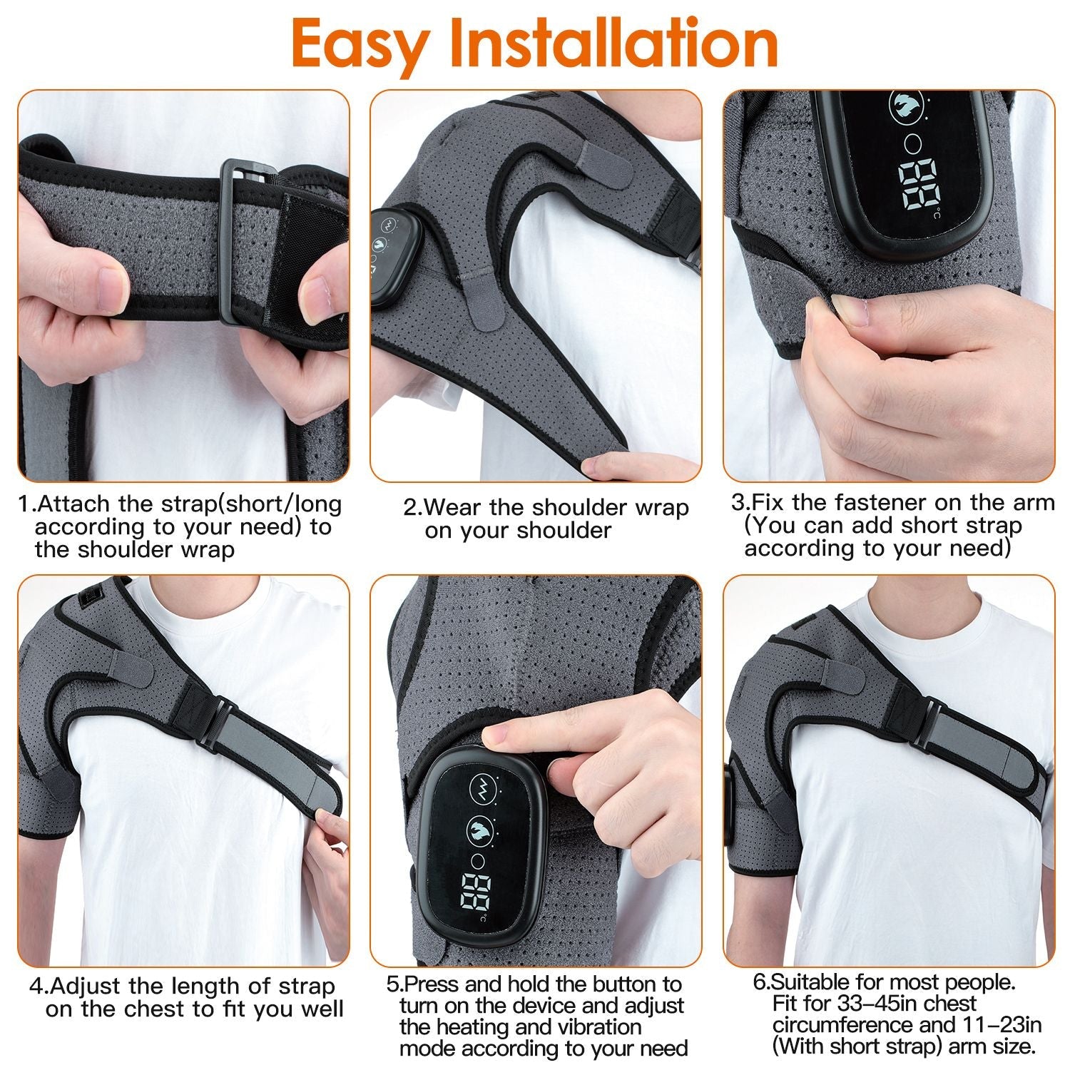 Berry Charmz cordless heated shoulder wrap with adjustable support, 3 heating levels, vibrational massage, for left or right shoulder.