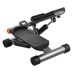 Berry Charmz mini stair stepper with resistance bands and LCD monitor for indoor cardio workouts, shown with step and bands in use.