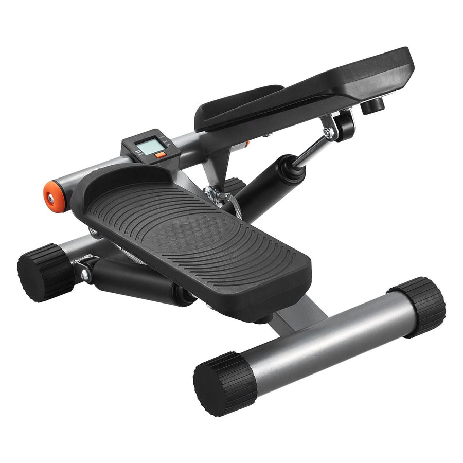Berry Charmz mini stair stepper with resistance bands and LCD monitor for indoor cardio workouts, shown with step and bands in use.
