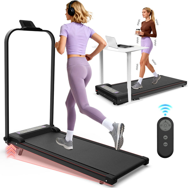 Foldable Berry Charmz treadmill with handlebar, incline, remote control, and compact design for home or office use.