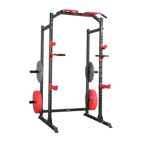 Multifunctional Berry Charmz Power Cage with adjustable height, J-hooks, pull-up bar, and weight storage for home gym strength training