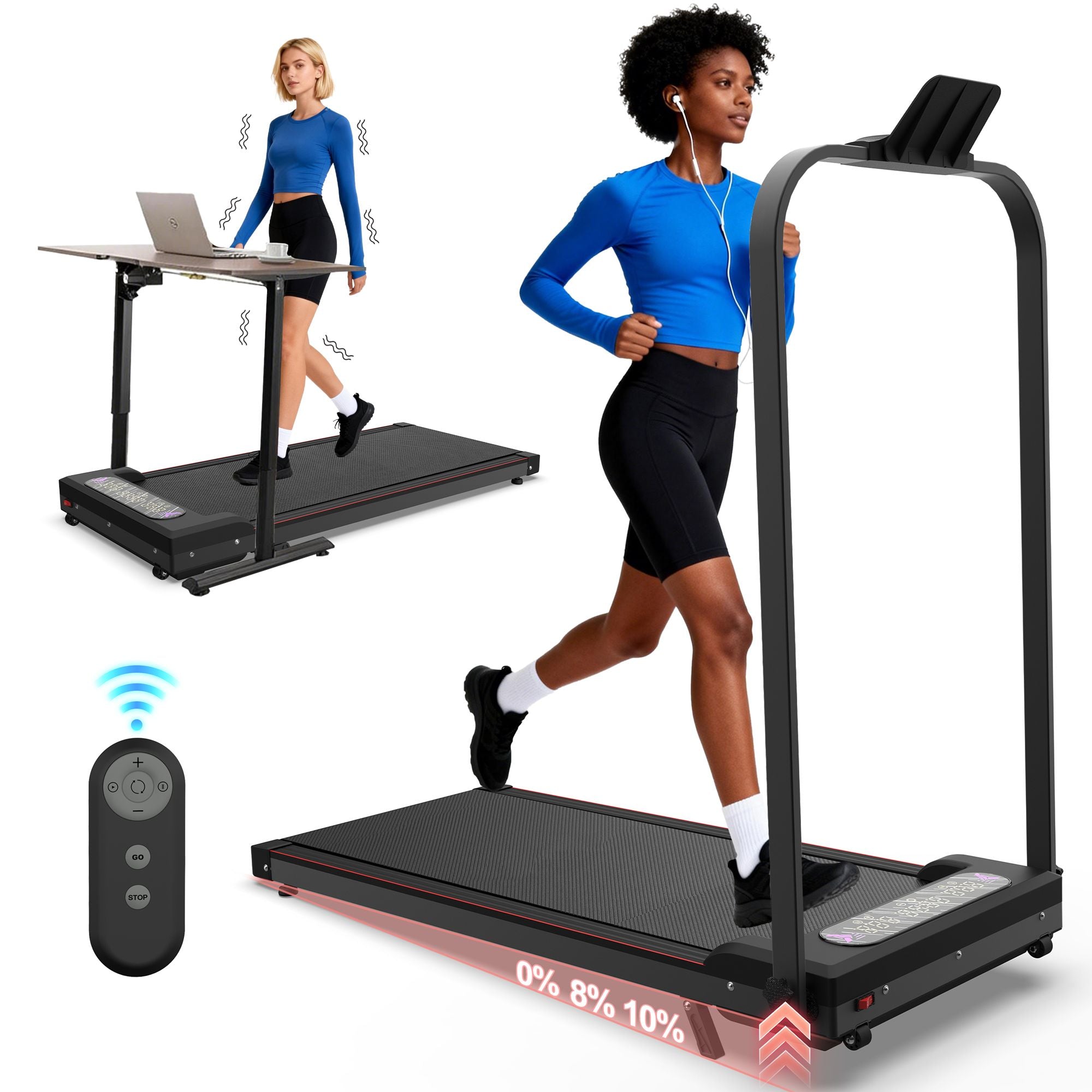 Foldable Berry Charmz treadmill with handlebar and incline, compact portable walking pad with remote control for home or office use.