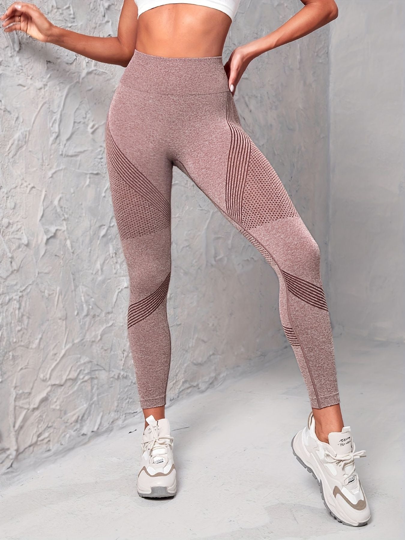 Set of three seamless striped yoga leggings for women by Berry Charmz, high stretch, slim fit, ideal for workout and activewear.