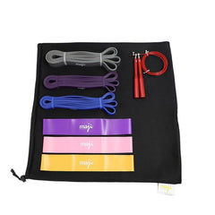Berry Charmz resistance training and cardio bundle with resistance bands, jump rope, and workout accessories on a white background.