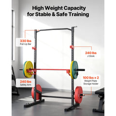 Berry Charmz power cage squat rack with adjustable J-Hooks, safety bars, and band pegs for home gym strength training.