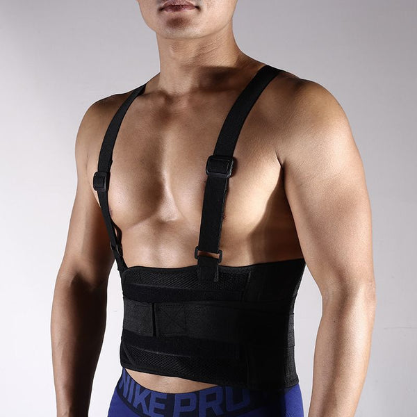 Black adjustable weightlifting belt with shoulder strap and back support, designed for lower back pain relief during fitness workouts.
