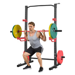 Berry Charmz Power Cage Squat Rack with adjustable J-hooks, safety bars, 4 band pegs, and barbell for home gym strength training.
