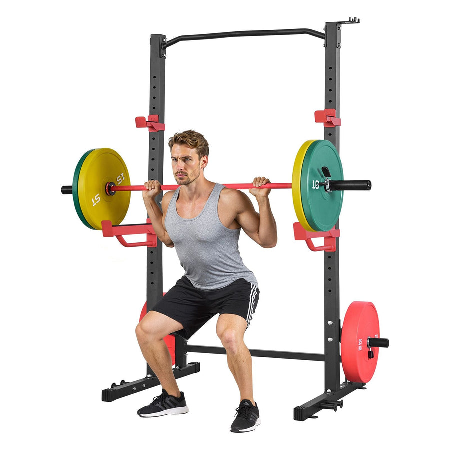 Berry Charmz Power Cage Squat Rack with adjustable J-hooks, safety bars, 4 band pegs, and barbell for home gym strength training.