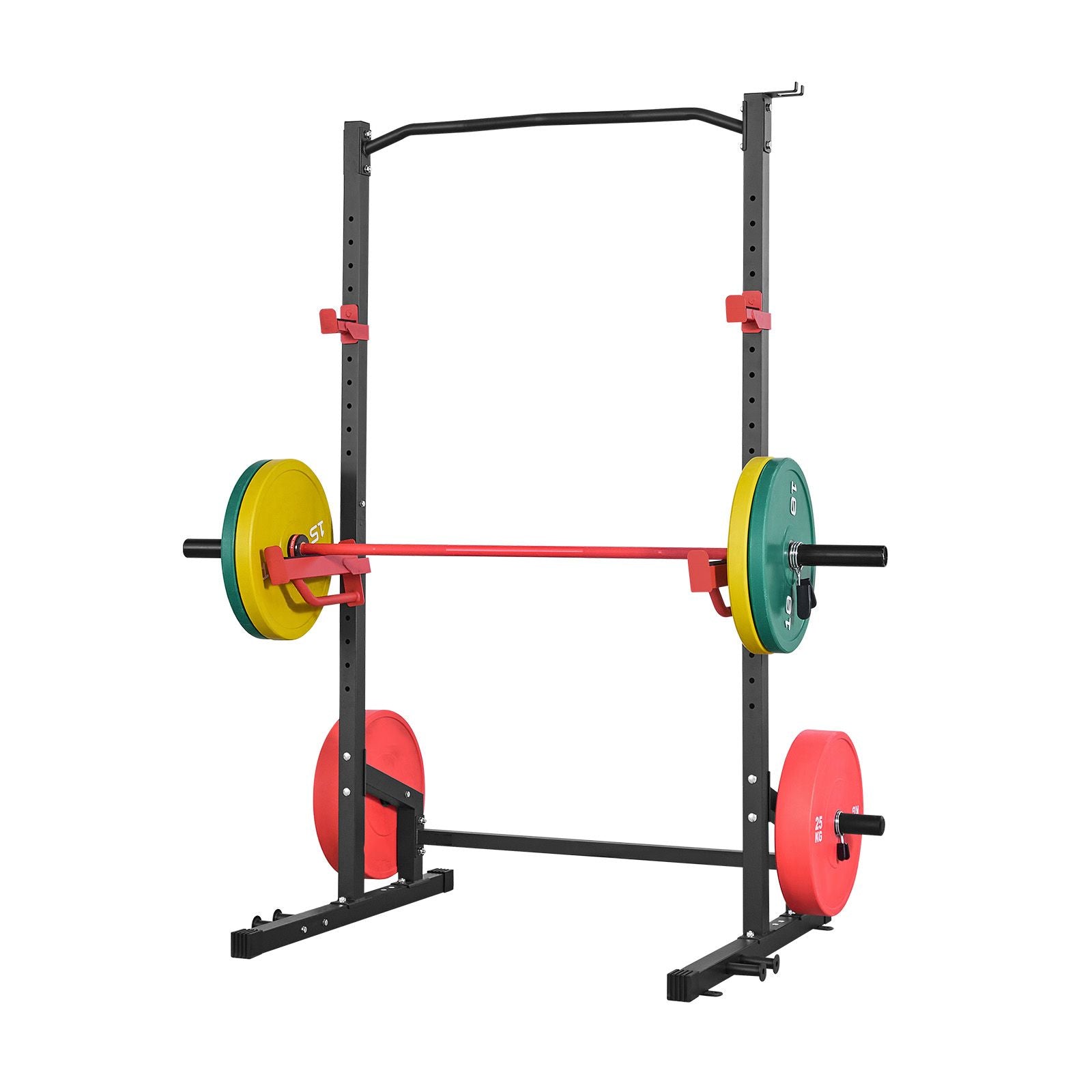 Berry Charmz Power Cage Squat Rack with adjustable J-hooks, safety bars, and band pegs for home gym strength training and barbell workouts.