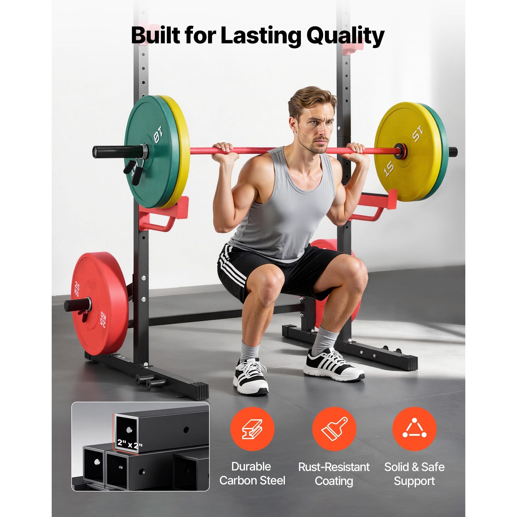 Berry Charmz Power Cage Squat Rack with adjustable J-Hooks, safety bars, and band pegs for versatile strength training at home.