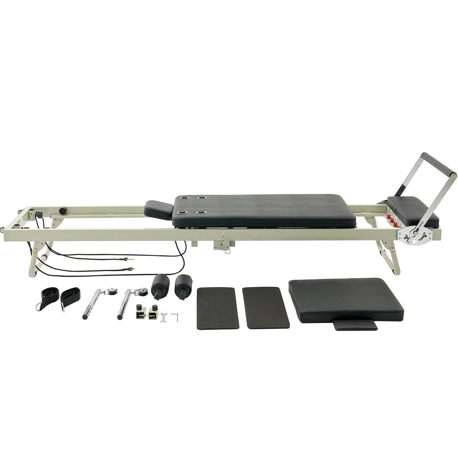 Foldable Berry Charmz Pilates Reformer with dual resistance springs and cords, designed for home gym use, suitable for all skill levels.
