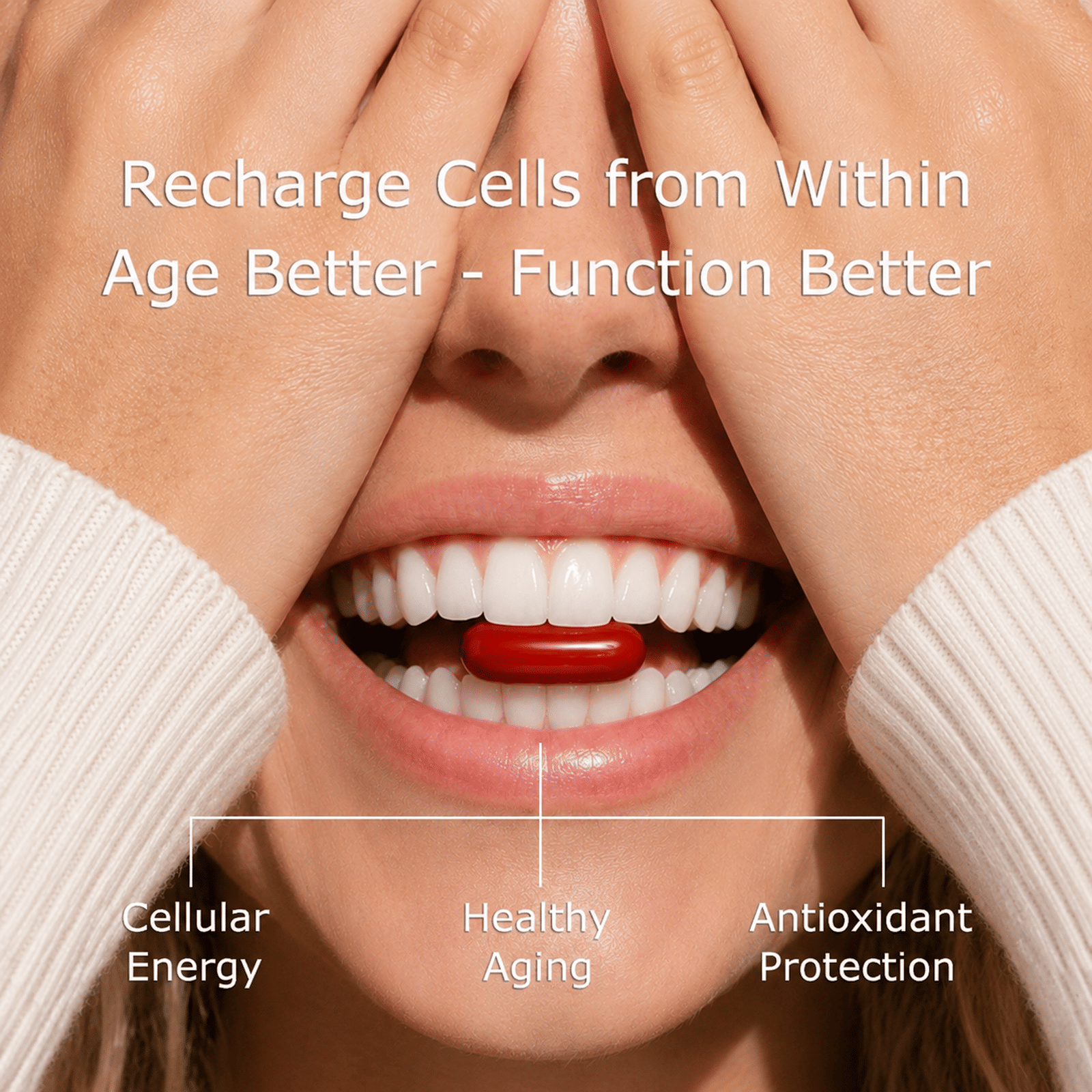 Berry Charmz Urolithin A supplement softgels, 500mg, for cellular renewal and healthy aging, shown in a clear softgel capsule.