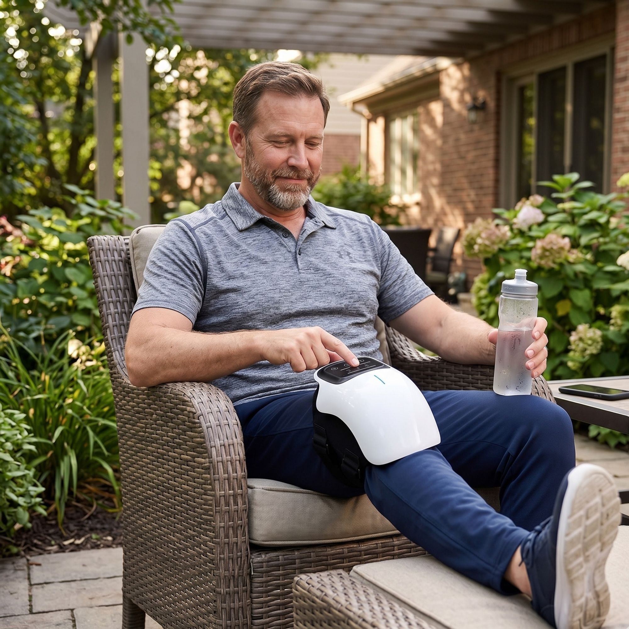 Wireless Berry Charmz Smart Knee Massager with heat, pulse technology, adjustable strap, and multiple intensity levels for muscle relief.