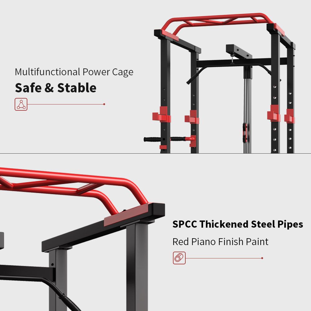 Berry Charmz multi-functional power cage with adjustable pull-up and squat rack, heavy-duty barbell stand for home fitness.