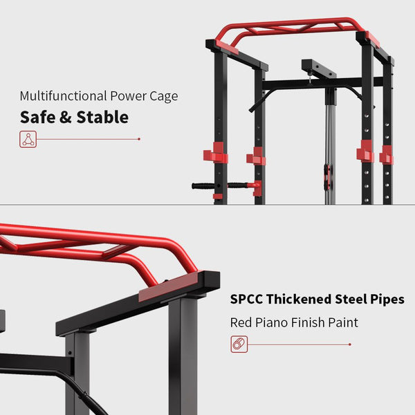 Berry Charmz multi-functional power cage with adjustable pull-up and squat rack, heavy-duty barbell stand for home fitness.