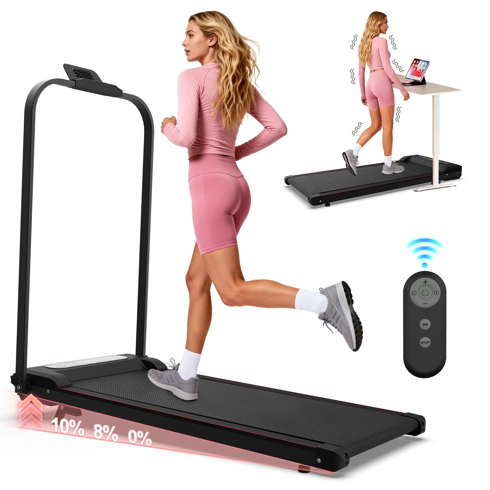 Foldable Berry Charmz treadmill with handlebar, incline, remote control, compact design, suitable for home and office use.