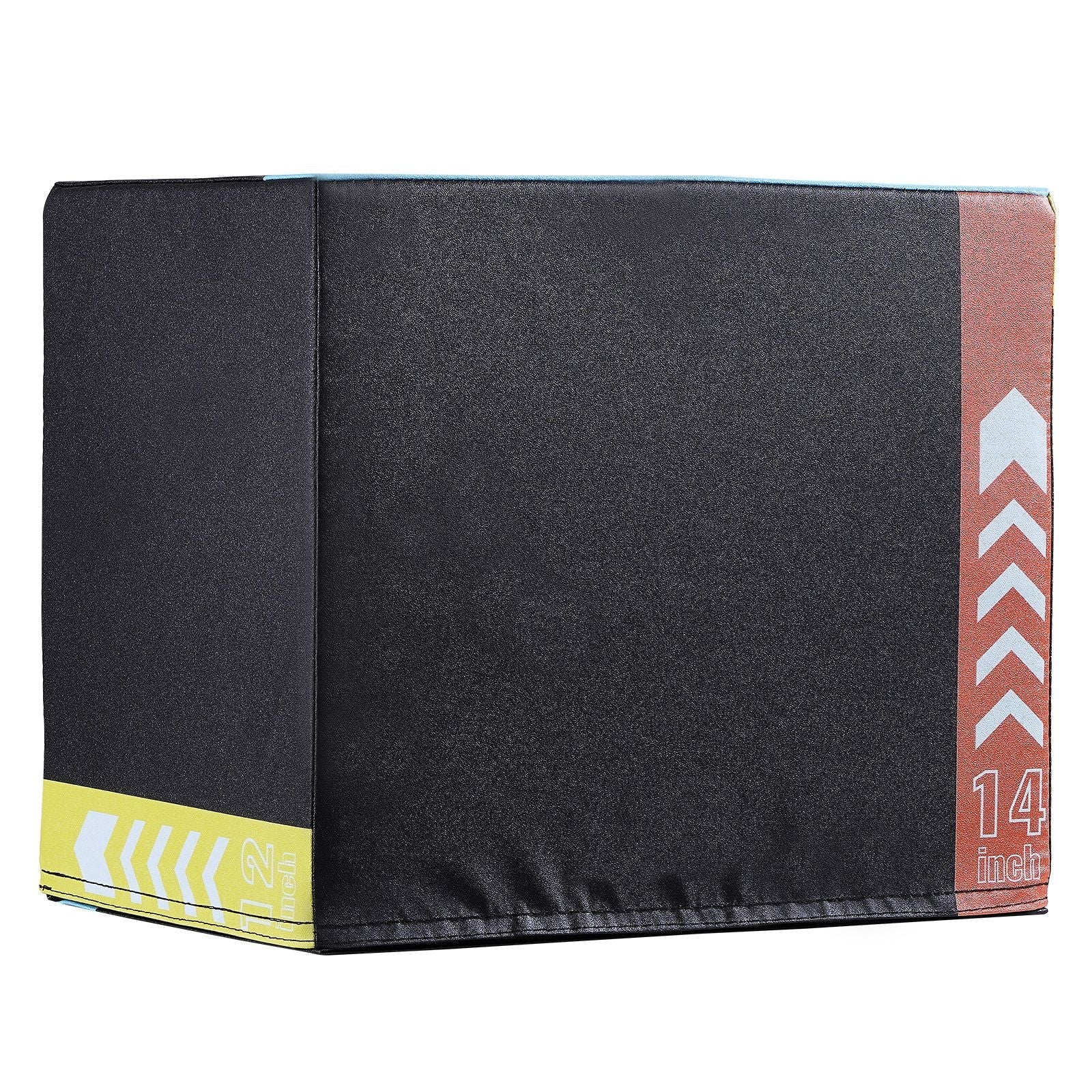 Black 3-in-1 plyometric jump box by Berry Charmz with 16, 14, and 12-inch heights, featuring anti-slip surface for home gym workouts.