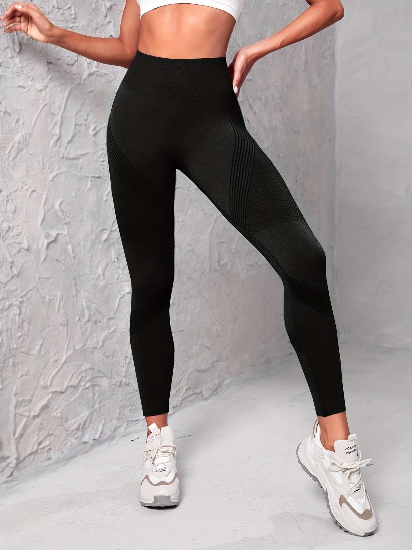 Three pairs of Berry Charmz seamless striped yoga leggings for women, high stretch slim fit activewear for workout and gym activities.