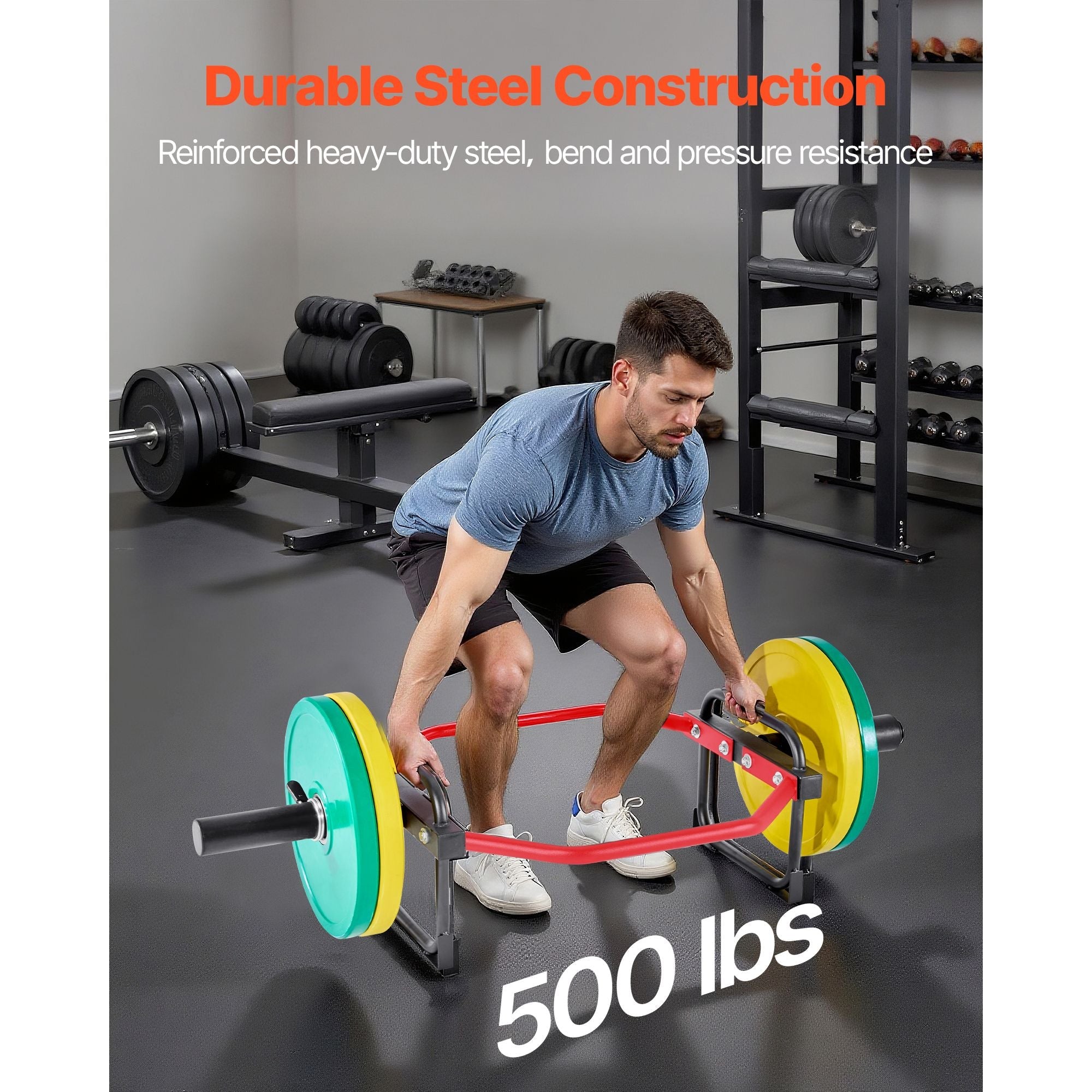 Red Berry Charmz 2-inch hex trap bar with 500 lbs capacity, used for weightlifting, shrugs, squats, and deadlifts in home gyms.