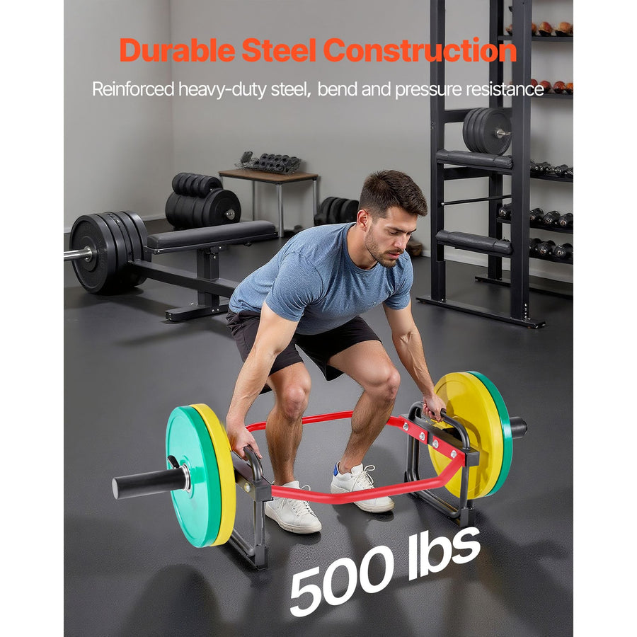 Red Berry Charmz 2-inch hex trap bar with 500 lbs capacity, used for weightlifting, shrugs, squats, and deadlifts in home gyms.