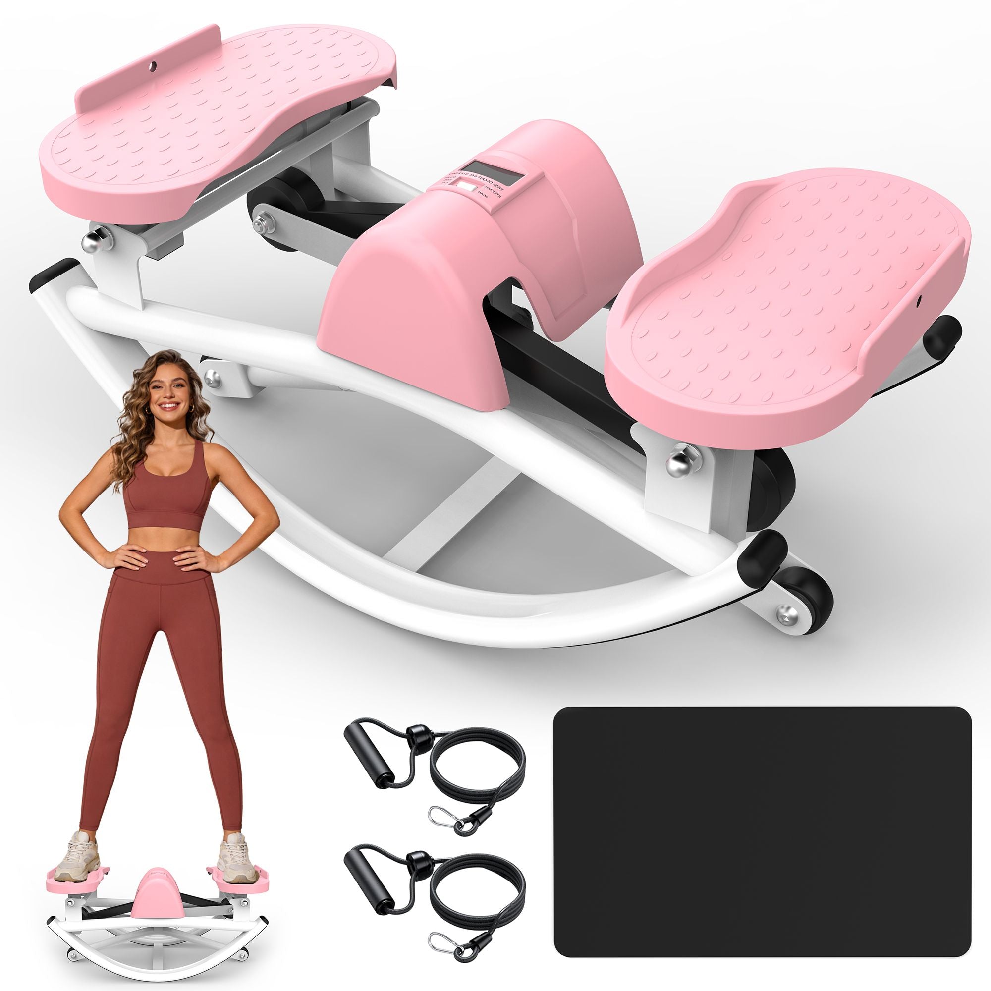 Berry Charmz lateral stepper machine with resistance bands, anti-slip mat, and LCD monitor for home workout exercises.