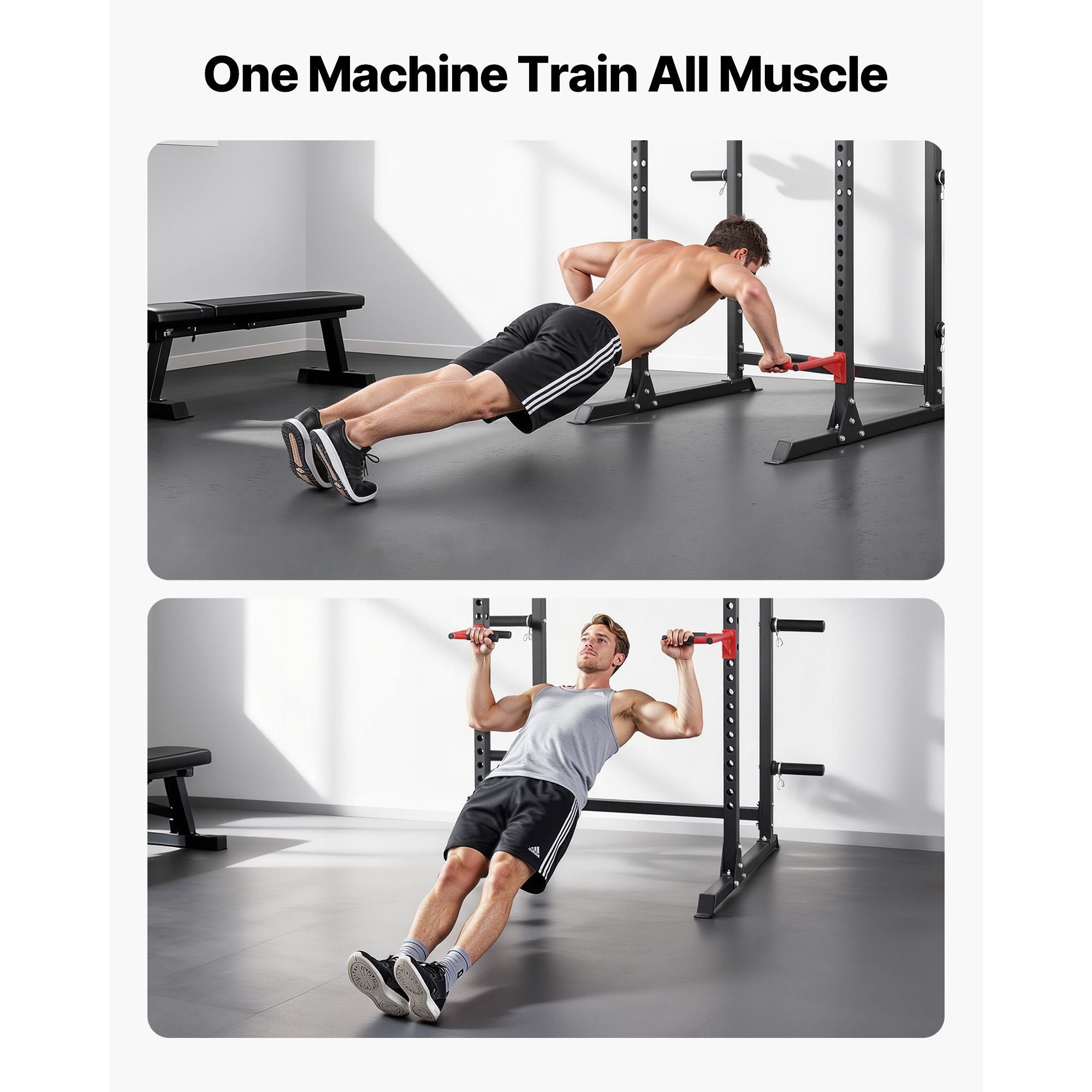 Berry Charmz Power Cage with adjustable height, J-hooks, and pull-up bar for home gym strength training and barbell squats.