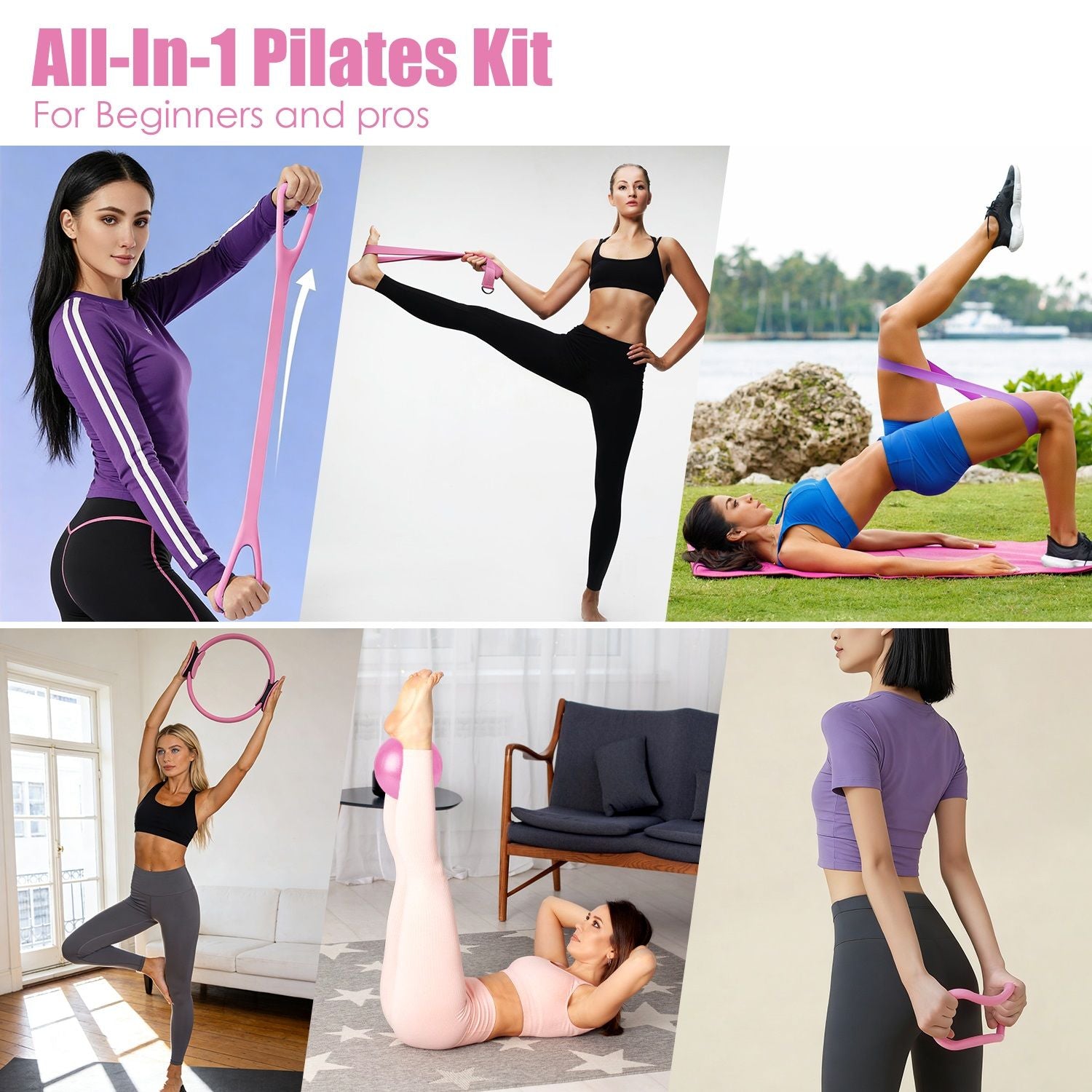 Berry Charmz 14-piece Pilates ring and yoga ball set with resistance bands, arm stretcher, non-slip socks, and yoga strap for women.