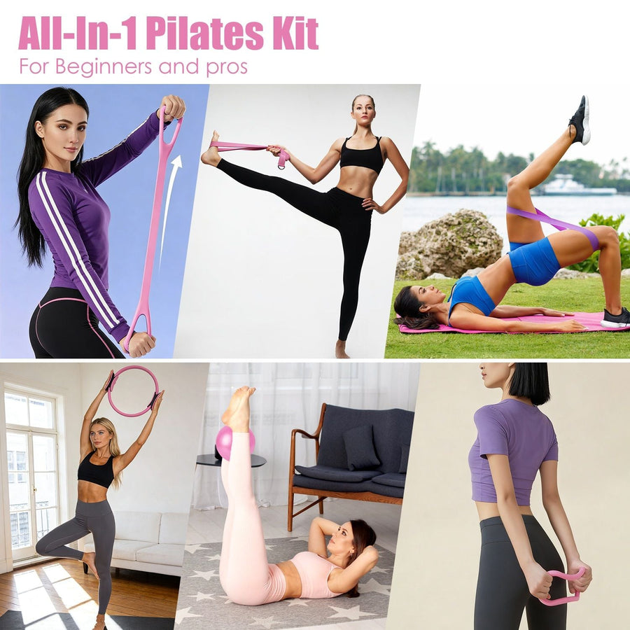 Berry Charmz 14-piece Pilates ring and yoga ball set with resistance bands, arm stretcher, non-slip socks, and yoga strap for women.