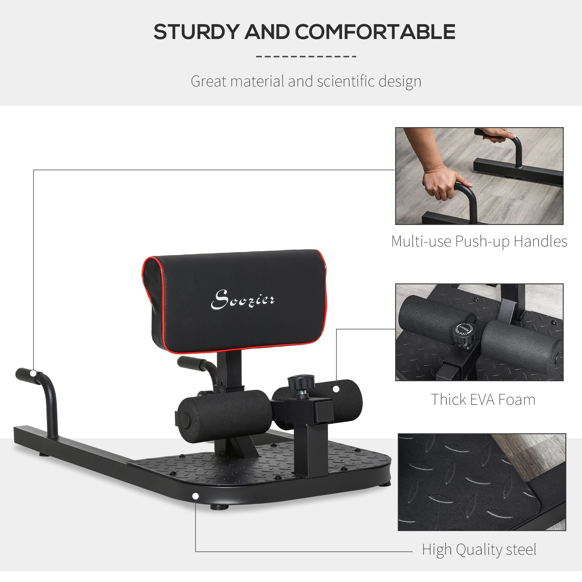 Black 3-in-1 padded push-up, sit-up, squat machine from Berry Charmz for home gym workouts, with cushioned support and adjustable features.