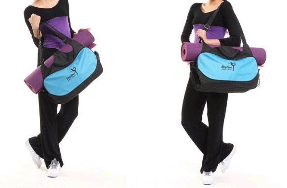 Pink Berry Charmz multifunction yoga mat tote bag showing a lightweight, durable, breathable pouch with handles for carrying yoga gear.