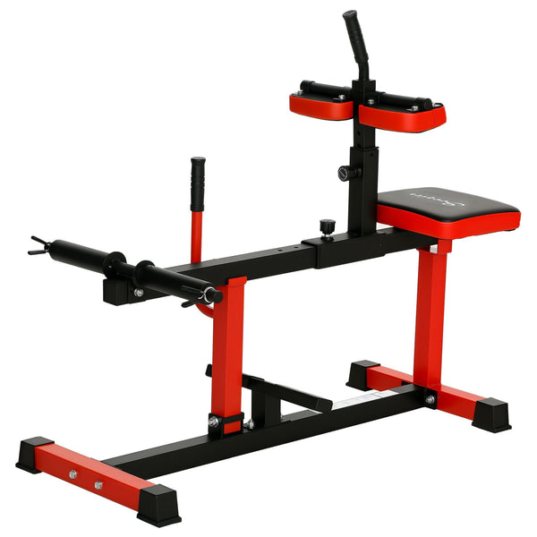 Red adjustable steel seated calf raise machine by Berry Charmz for strength training, featuring padded support and sturdy construction.