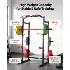 Berry Charmz power cage with adjustable height, J-hooks, pull-up bar, and workout attachments for home gym strength training.