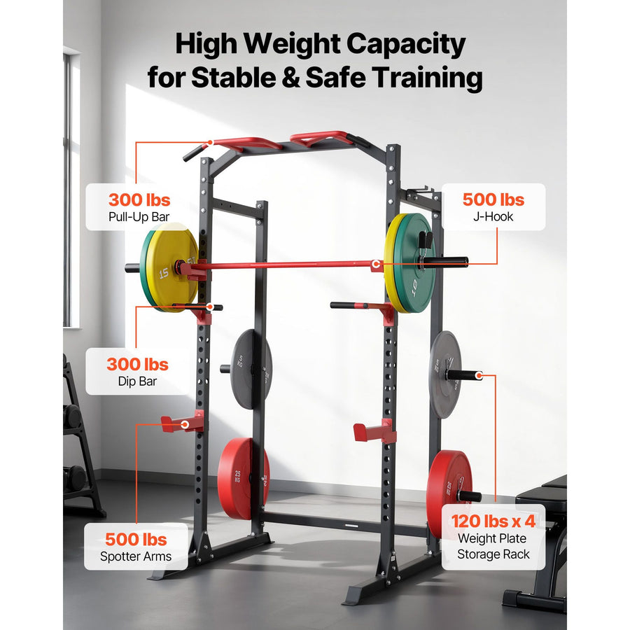 Berry Charmz power cage with adjustable height, J-hooks, pull-up bar, and workout attachments for home gym strength training.