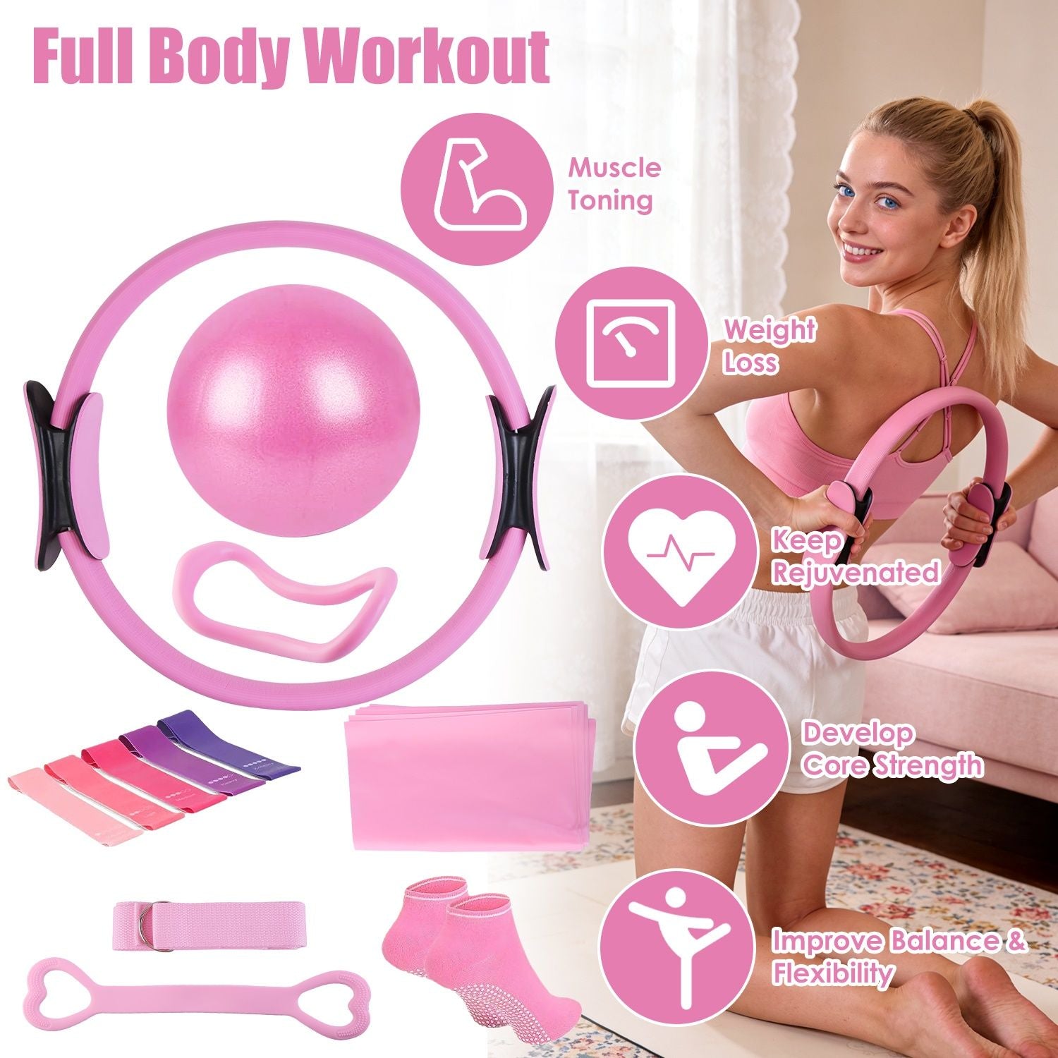 Berry Charmz 14-piece Pilates ring essentials kit with yoga ball, resistance bands, arm stretcher, and non-slip socks for women.