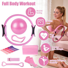 Berry Charmz 14-piece Pilates ring essentials kit with yoga ball, resistance bands, arm stretcher, and non-slip socks for women.