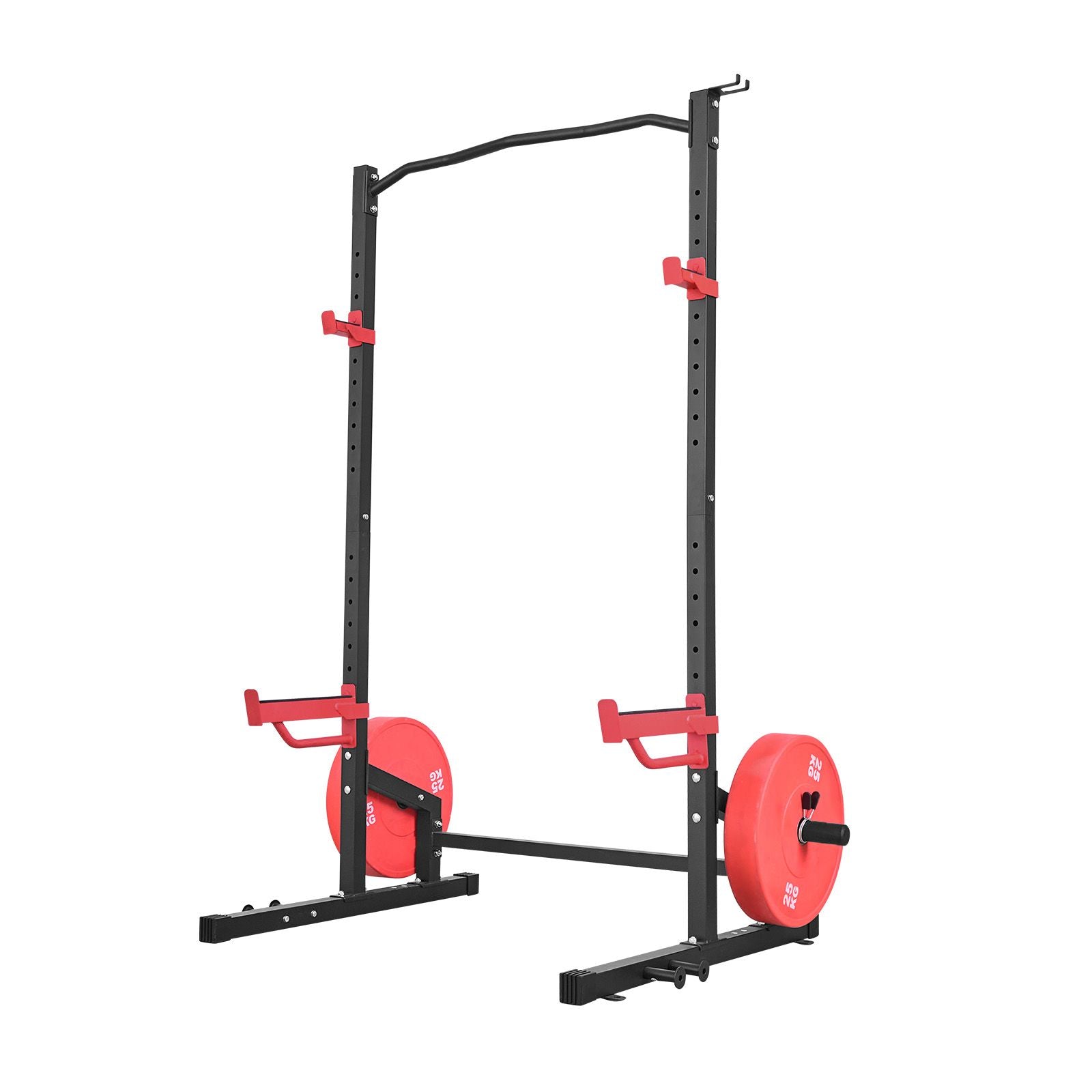 Power Cage Squat Rack by Berry Charmz with adjustable J-hooks, safety bars, and band pegs for home gym strength training.