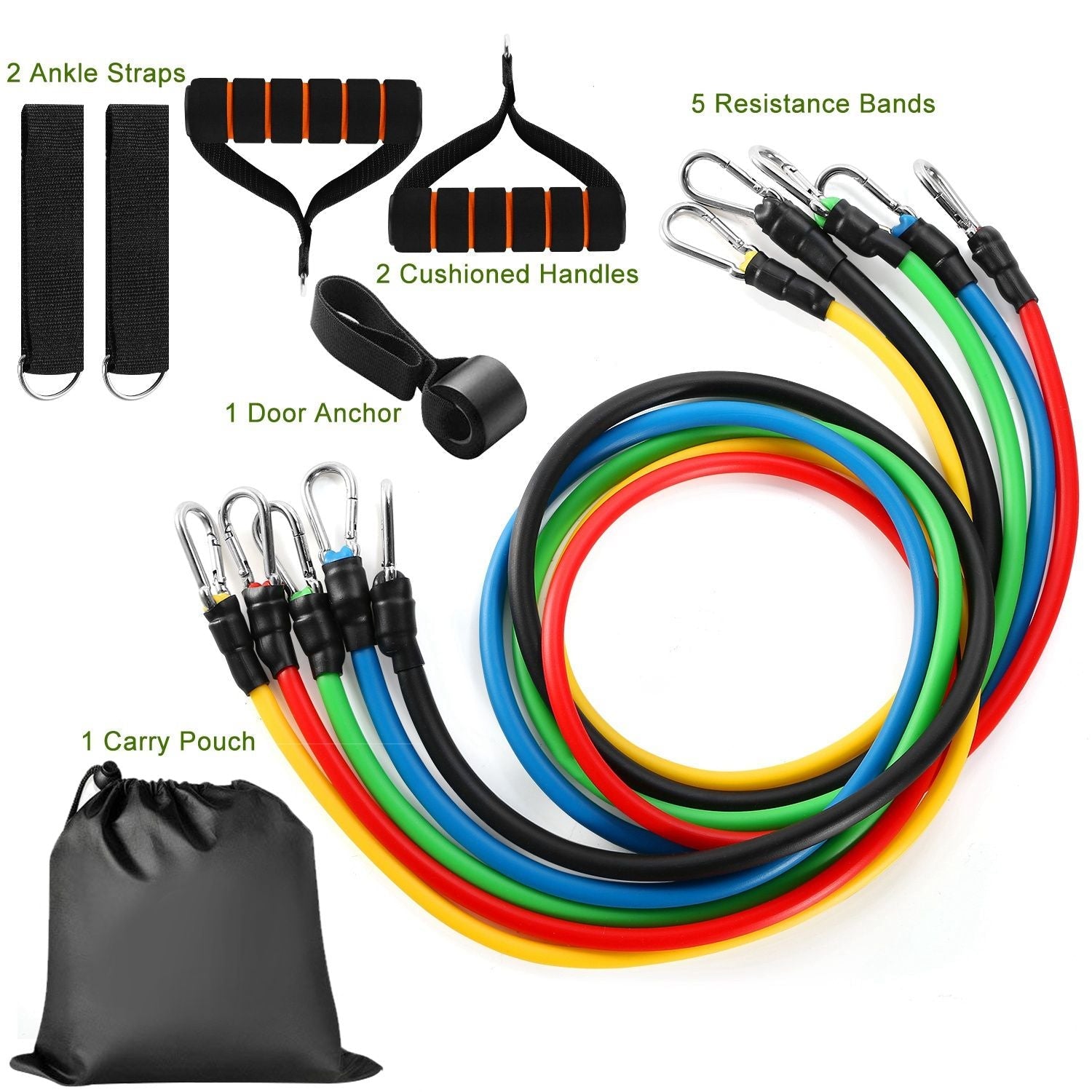 Berry Charmz 11-piece resistance bands set with door anchor handles and ankle straps for yoga, Pilates, and physical training exercises.