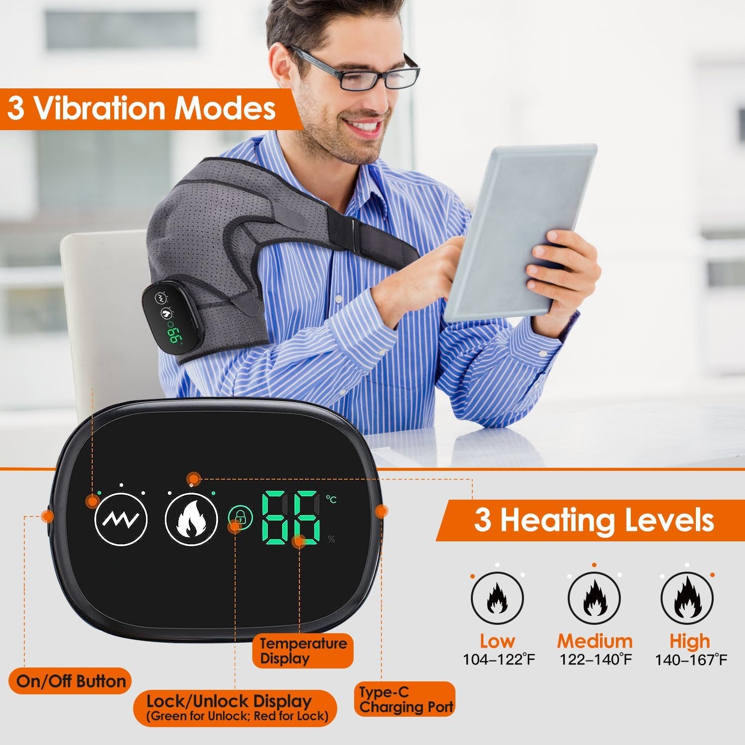 Berry Charmz cordless rechargeable heated shoulder pad with massager, supports left or right shoulder, 3 heat and vibration modes.