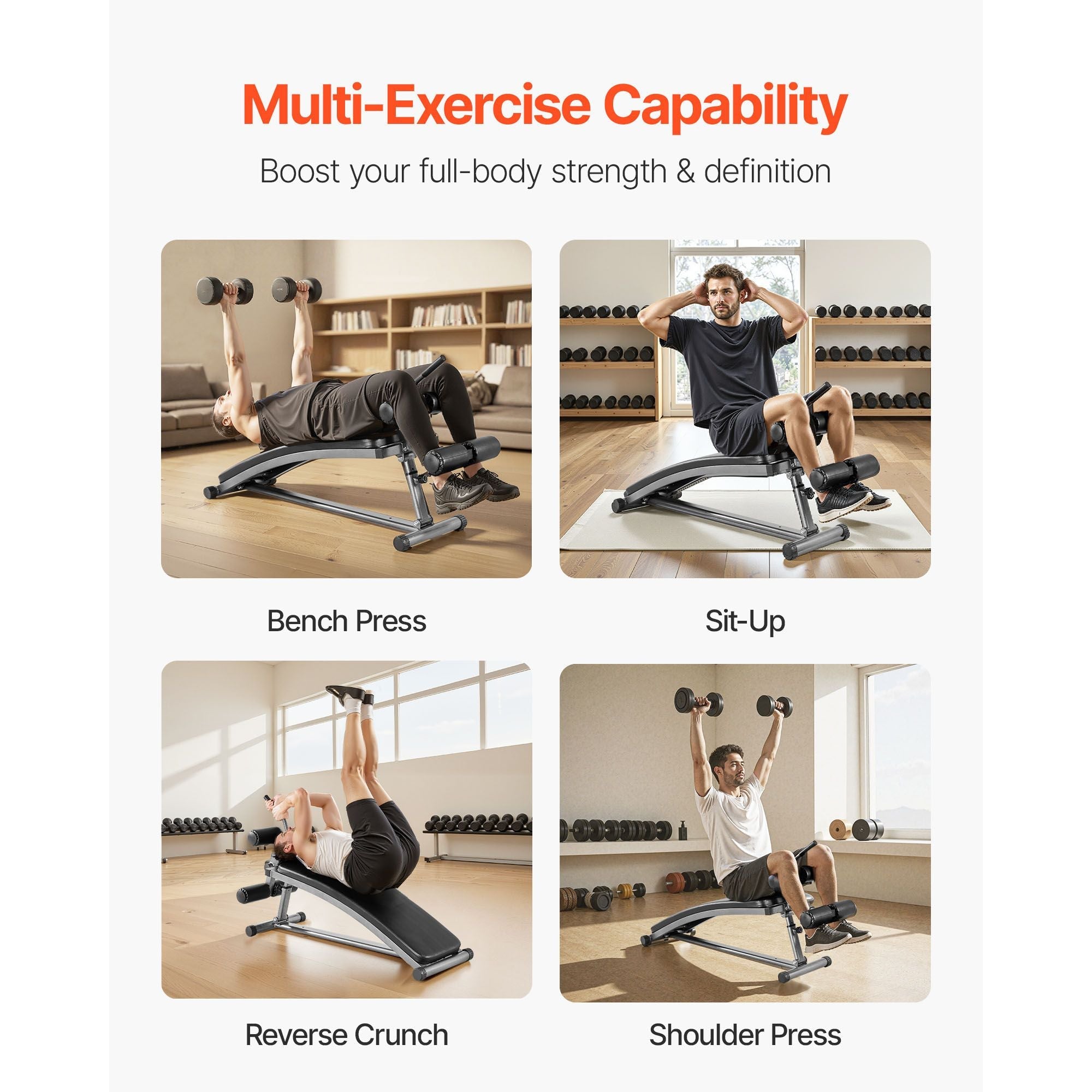 Berry Charmz curved sit-up bench with adjustable height, heavy-duty steel frame, reverse crunch handle, supports 600 lbs for home workouts.