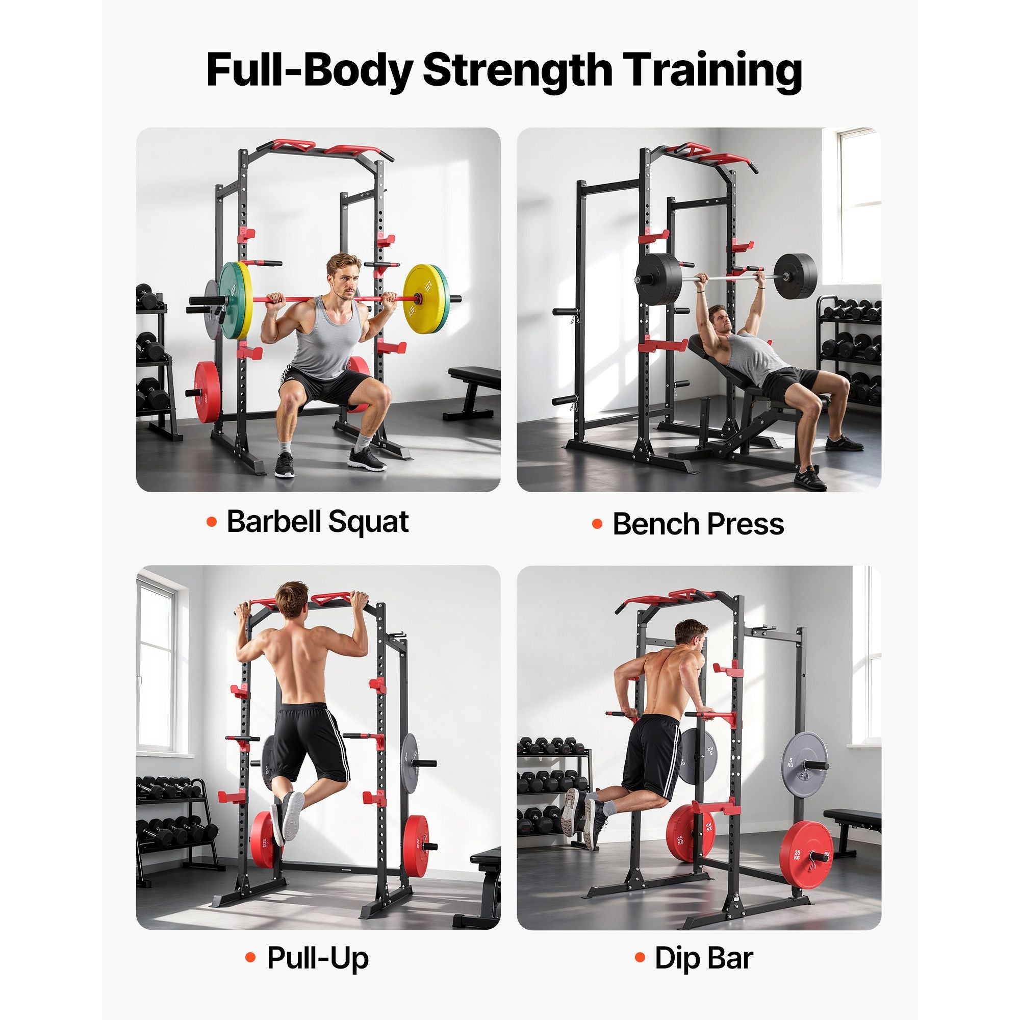 Berry Charmz power cage and squat rack with adjustable height, J-hooks, pull-up bar, and weight support for home gym strength training.