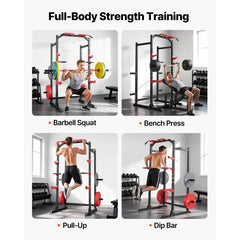 Berry Charmz power cage and squat rack with adjustable height, J-hooks, pull-up bar, and weight support for home gym strength training.