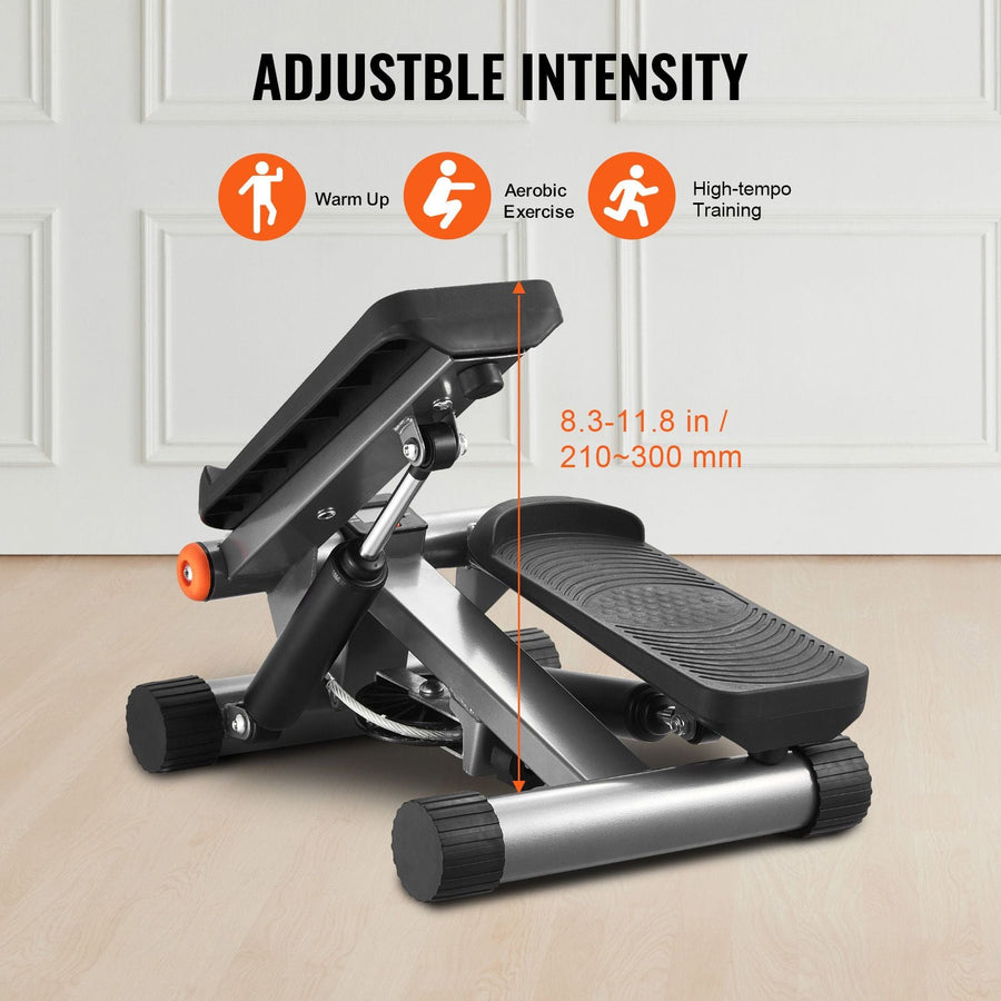 Mini stair stepper with resistance bands and LCD monitor by Berry Charmz, showing compact exercise equipment with handles and digital display.