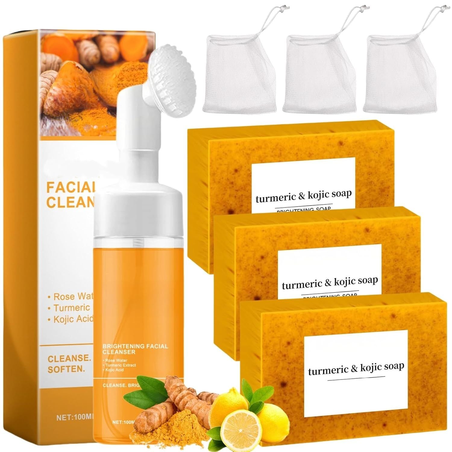 Berry Charmz turmeric soap and face wash set with honey lemon, Kojic soap bar and facial cleanser for deep cleansing and even skin tone