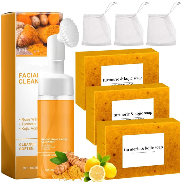 Berry Charmz turmeric soap and face wash set with honey lemon, Kojic soap bar and facial cleanser for deep cleansing and even skin tone